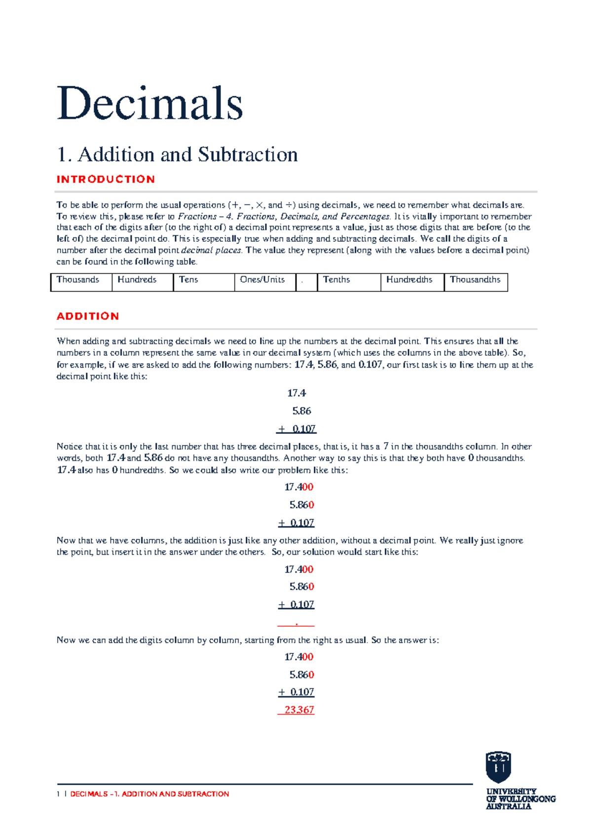 Uow227929 - Advanced math - Decimals 1. Addition and Subtraction I NTR ...