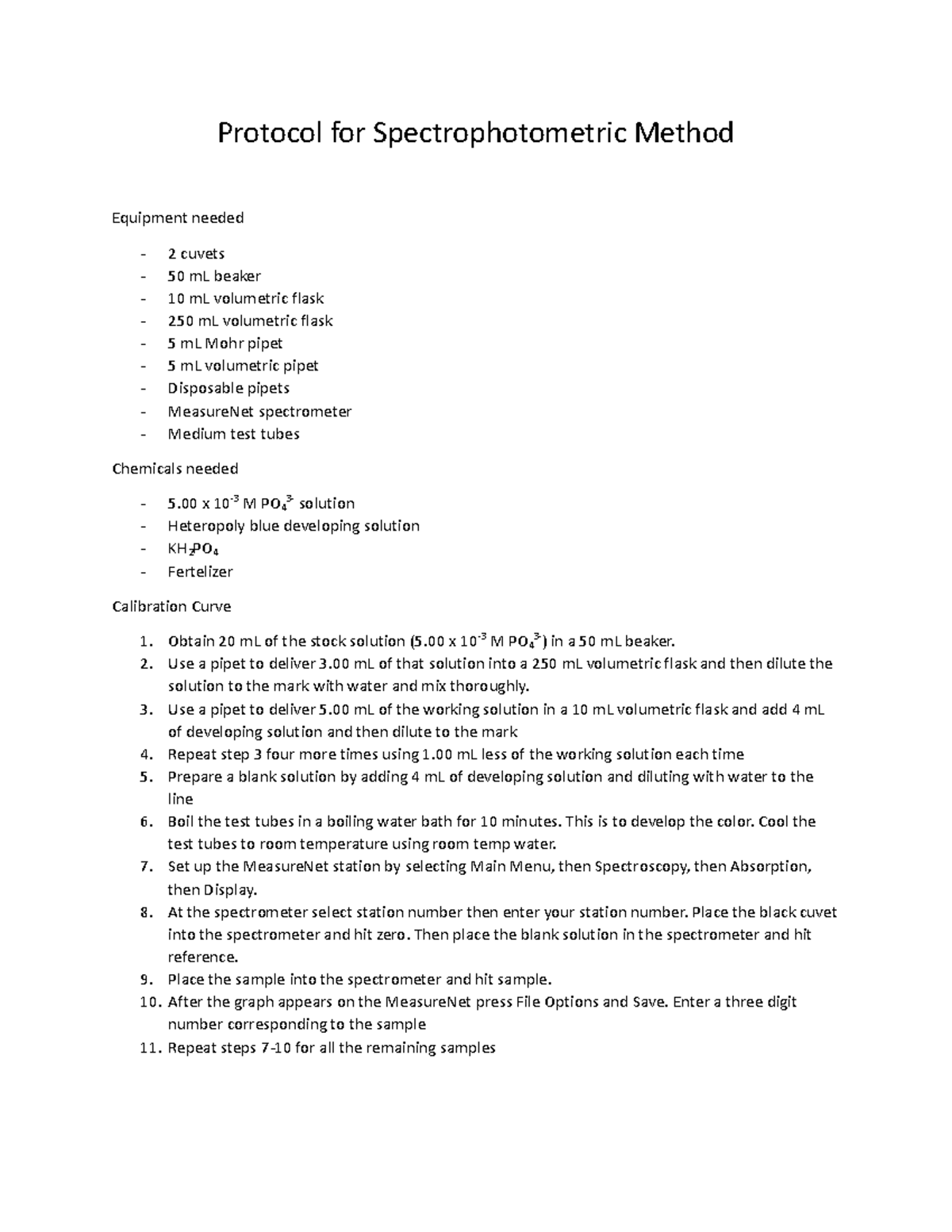 Protocol for Spectrophotometric Method Protocol for Spectrophotometric Method Equipment needed