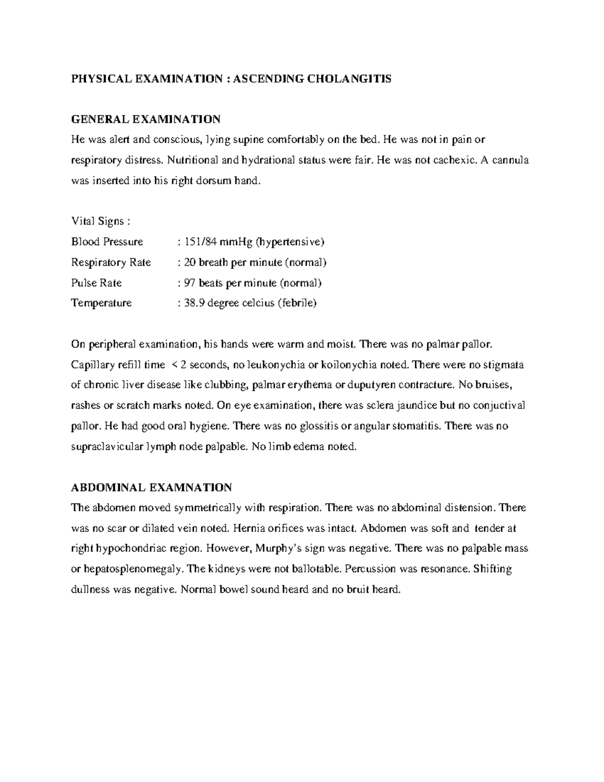 PE Cholangitis - Surgical Physical Examination Script - PHYSICAL ...