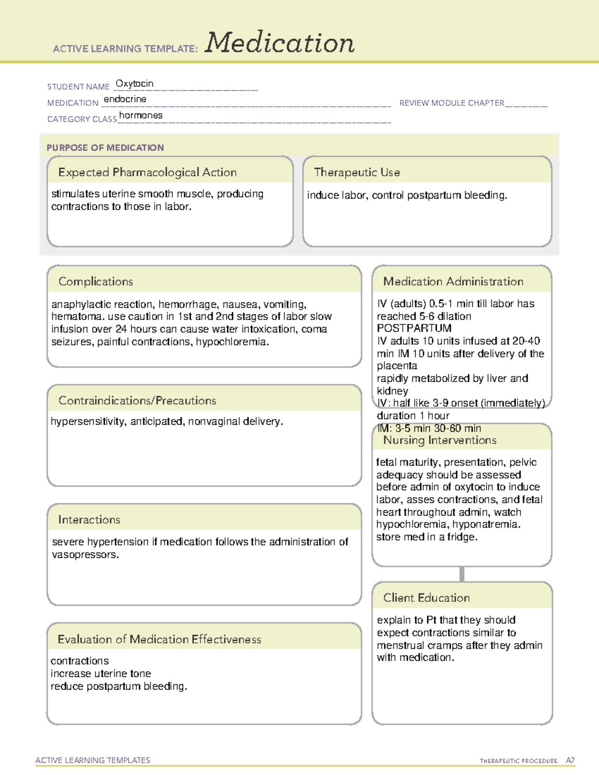 Oxytocin medication card for pharm - HIMS 2155 - MCC - Studocu