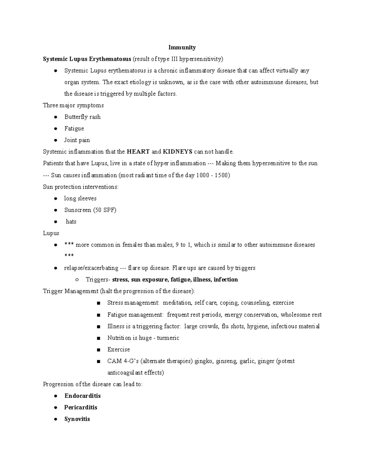 Exam 2 - Med Surg - Lecture notes 1-3 - Immunity Systemic Lupus ...