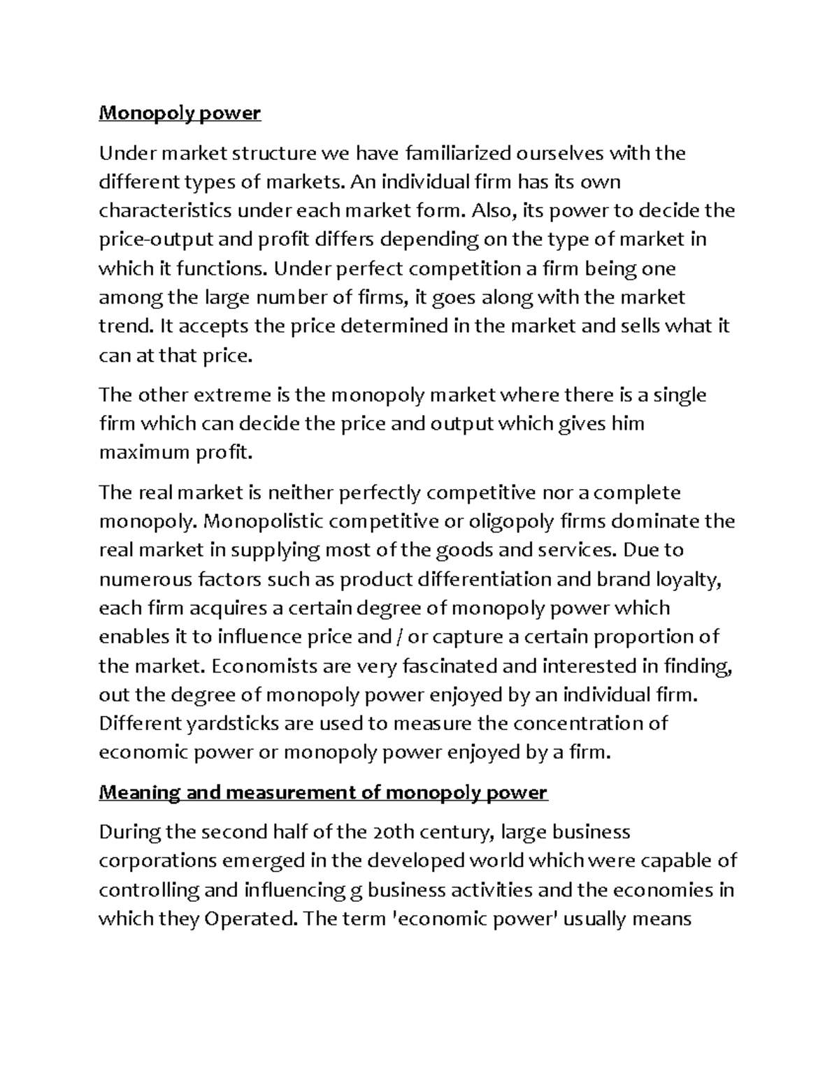 Monopoly - Lecture notes 15-20 - Monopoly power Under market structure ...