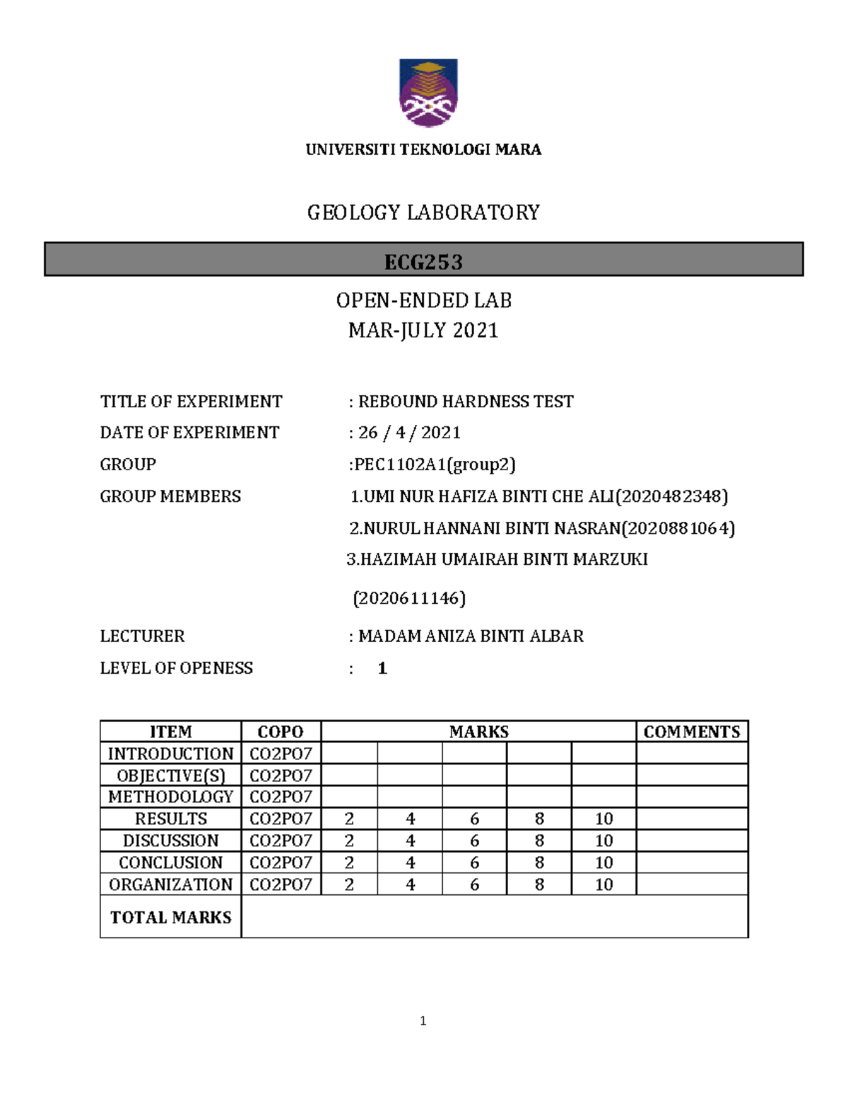 LAB Report Rebound Hardness GEOLOGY UNIVERSITI TEKNOLOGI MARA GEOLOGY