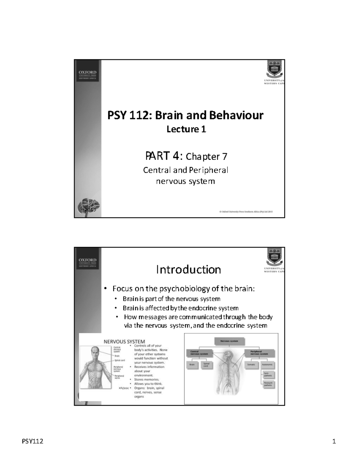 Lecture 1 PSY112 Nervous System - PSY 112: Brain And Behaviour Lecture ...