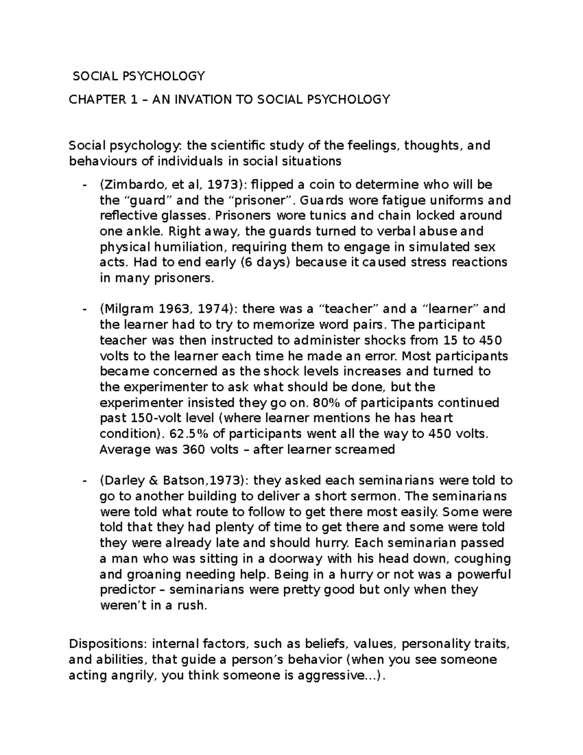 Psyc 215 - chapter 1-7 - SOCIAL PSYCHOLOGY CHAPTER 1 – AN INVATION TO ...