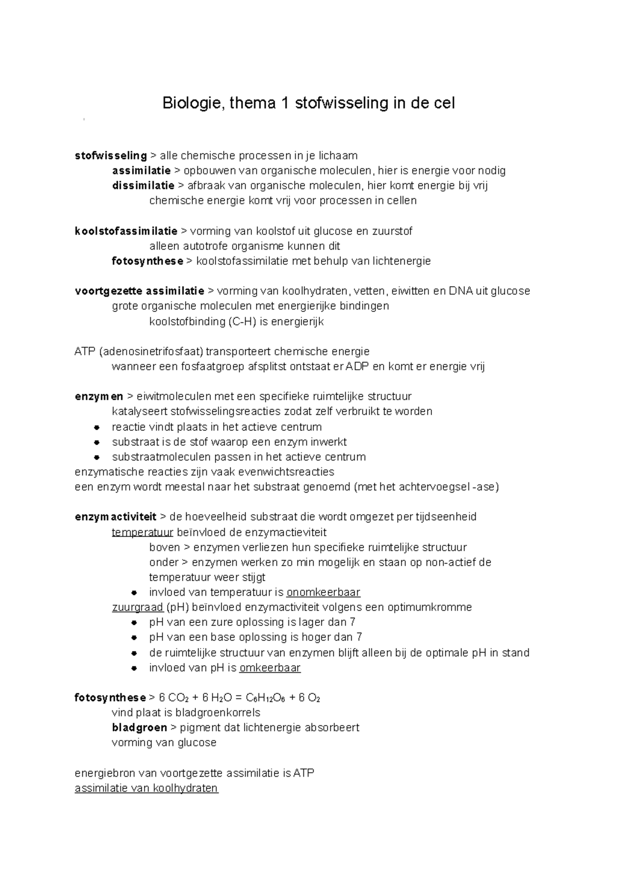 Thema 1 Stofwisseling In De Cel - Biologie, Thema 1 Stofwisseling In De ...