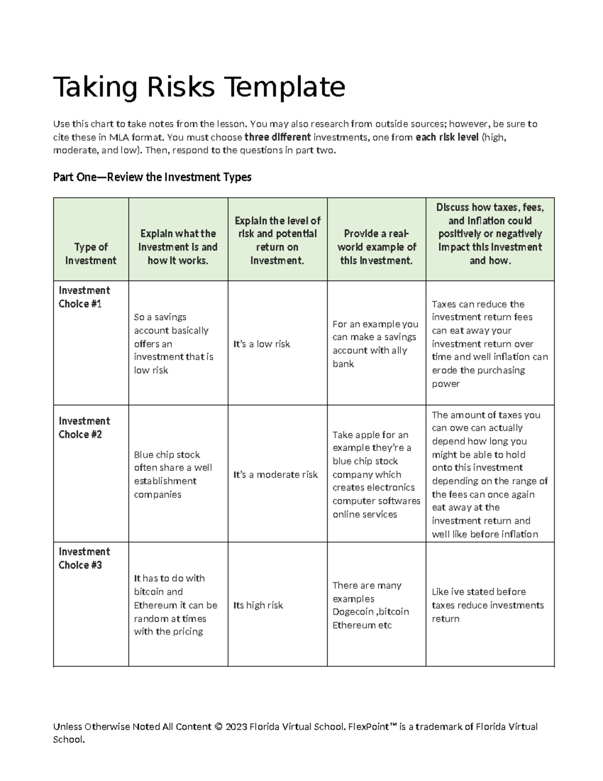 Taking risks - yes - Taking Risks Template Use this chart to take notes ...
