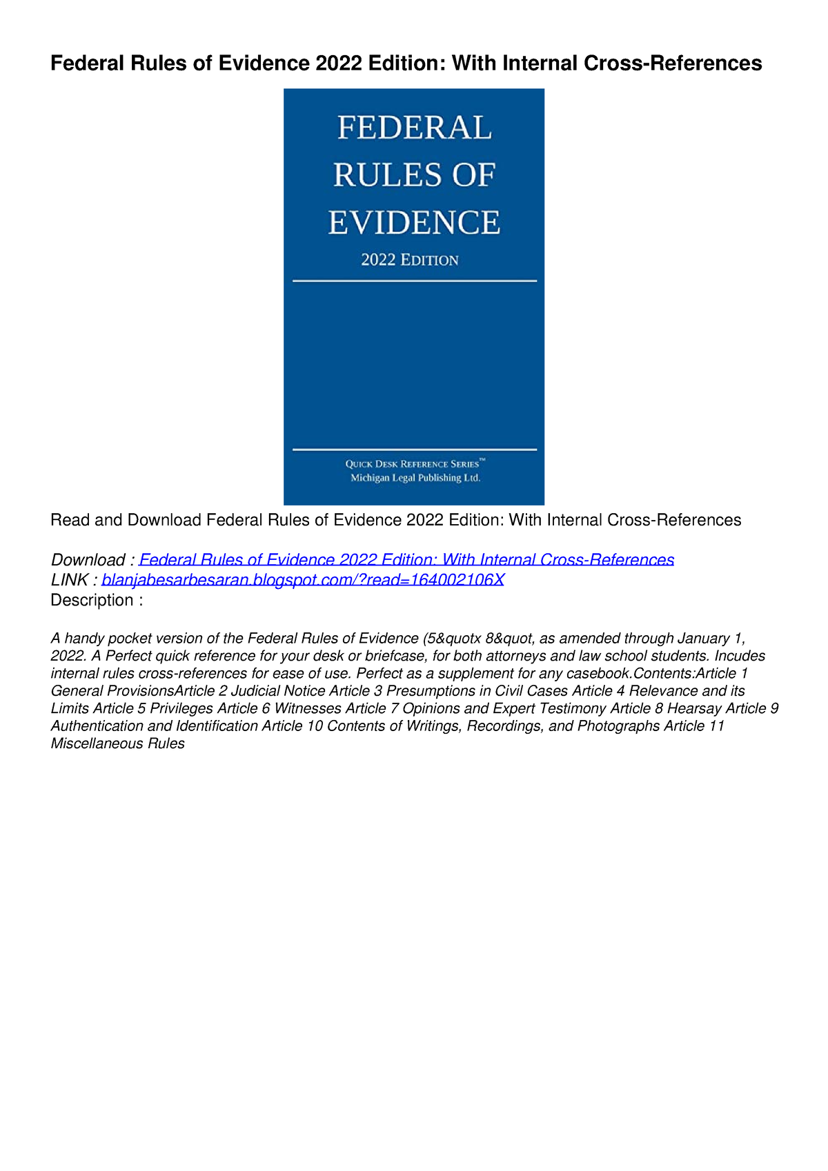 PDF Federal Rules Of Evidence 2022 Edition: With Internal Cross ...