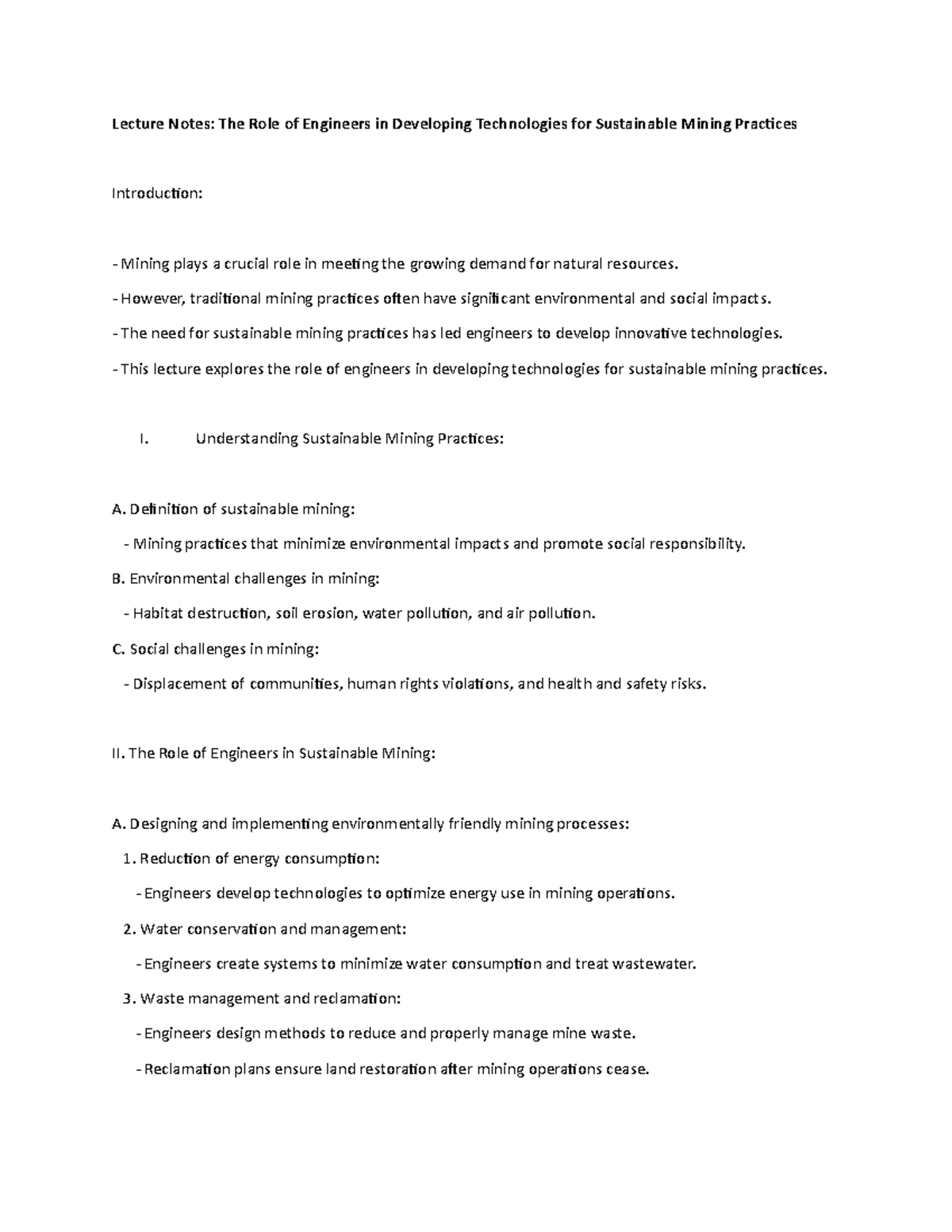 Lecture Notes: The Role of Engineers in Developing Technologies for ...