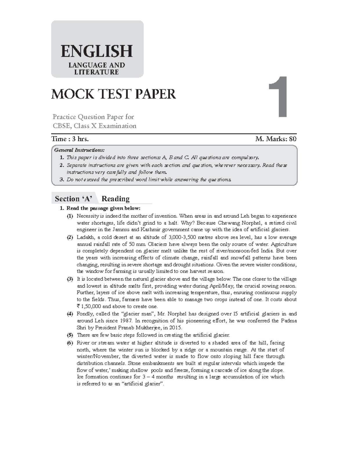 English Mock Test 10 - Section ‘A’ Reading Read the passage given below ...