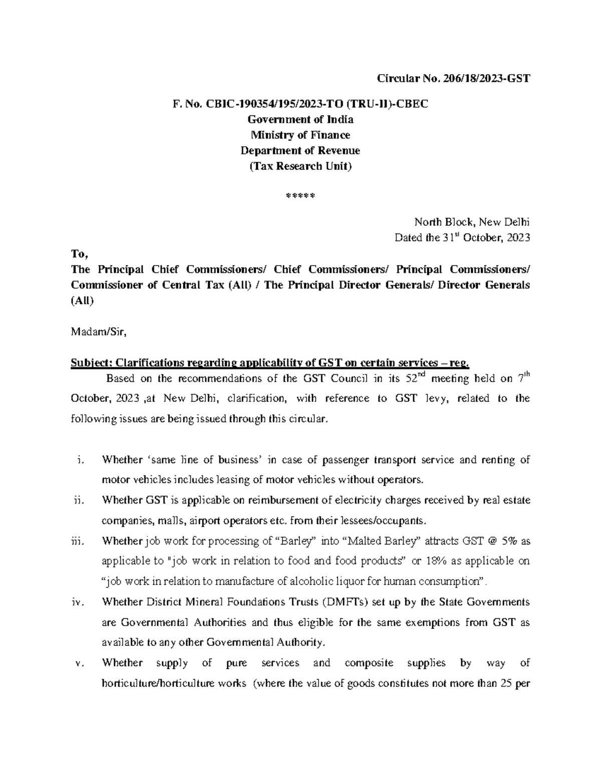 Circular No 206 18 2023 - Circular No. 206/18/2023-GST F. No. CBIC ...