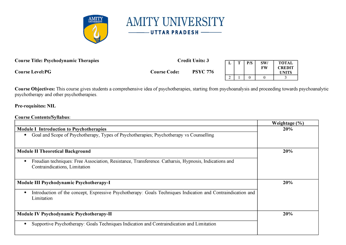 New Syllabus 17202019 82205604 - Course Title: Psychodynamic Therapies ...