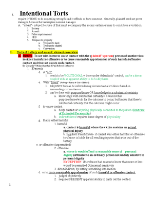 Torts Outline Example - TORTS OUTLINE I. TORT LAW TORT: To Commit A ...