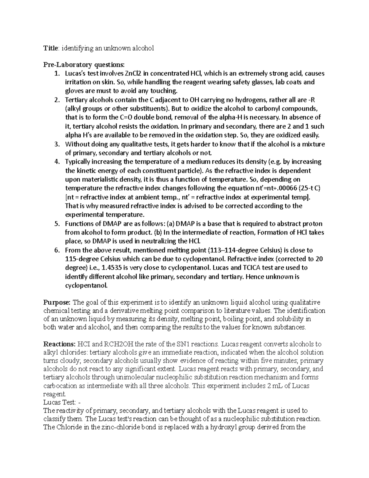 Identifying unknown alcohol 1162 Studocu