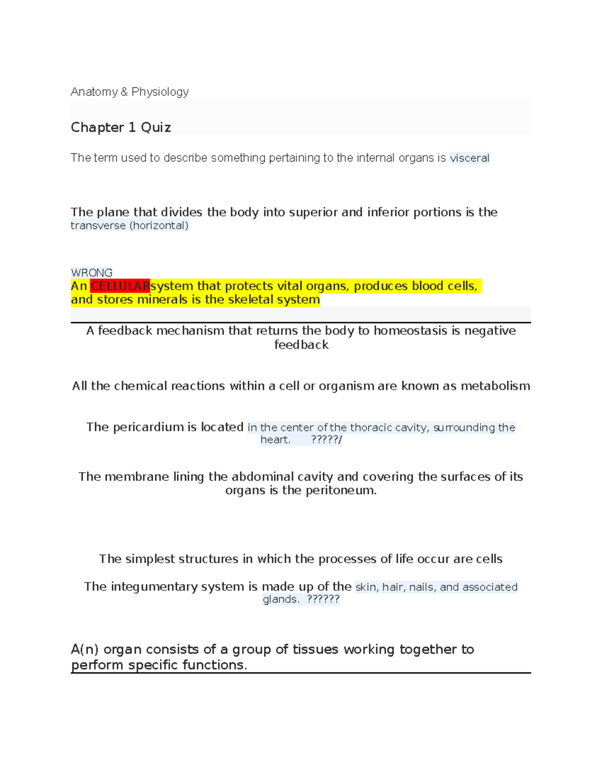 Anatomy Chapter 1 - Anatomy & Physiology Chapter 1 Quiz The Term Used ...