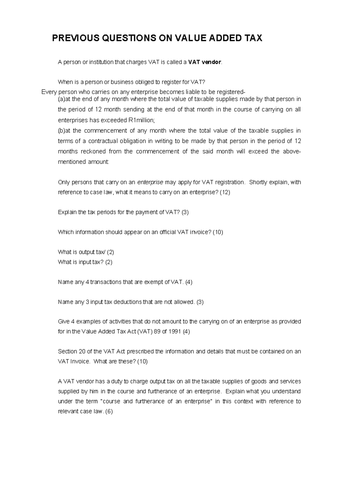 VAT Previous Q - Tax law is an important module within the llb program ...