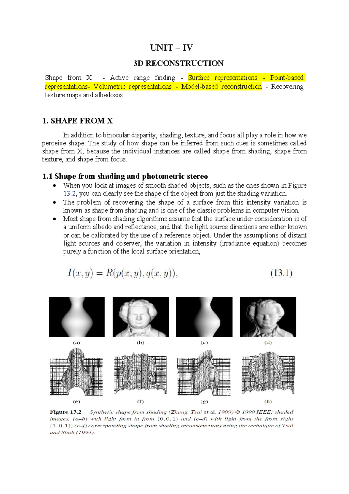 CV UNIT 4 - Hello - UNIT – IV 3D RECONSTRUCTION Shape from X - Active ...