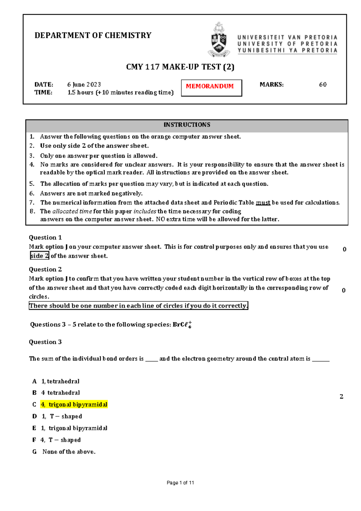 20230604 Make-UP Test 1 2 Memorandum - DEPARTMENT OF CHEMISTRY CMY 1 17 ...