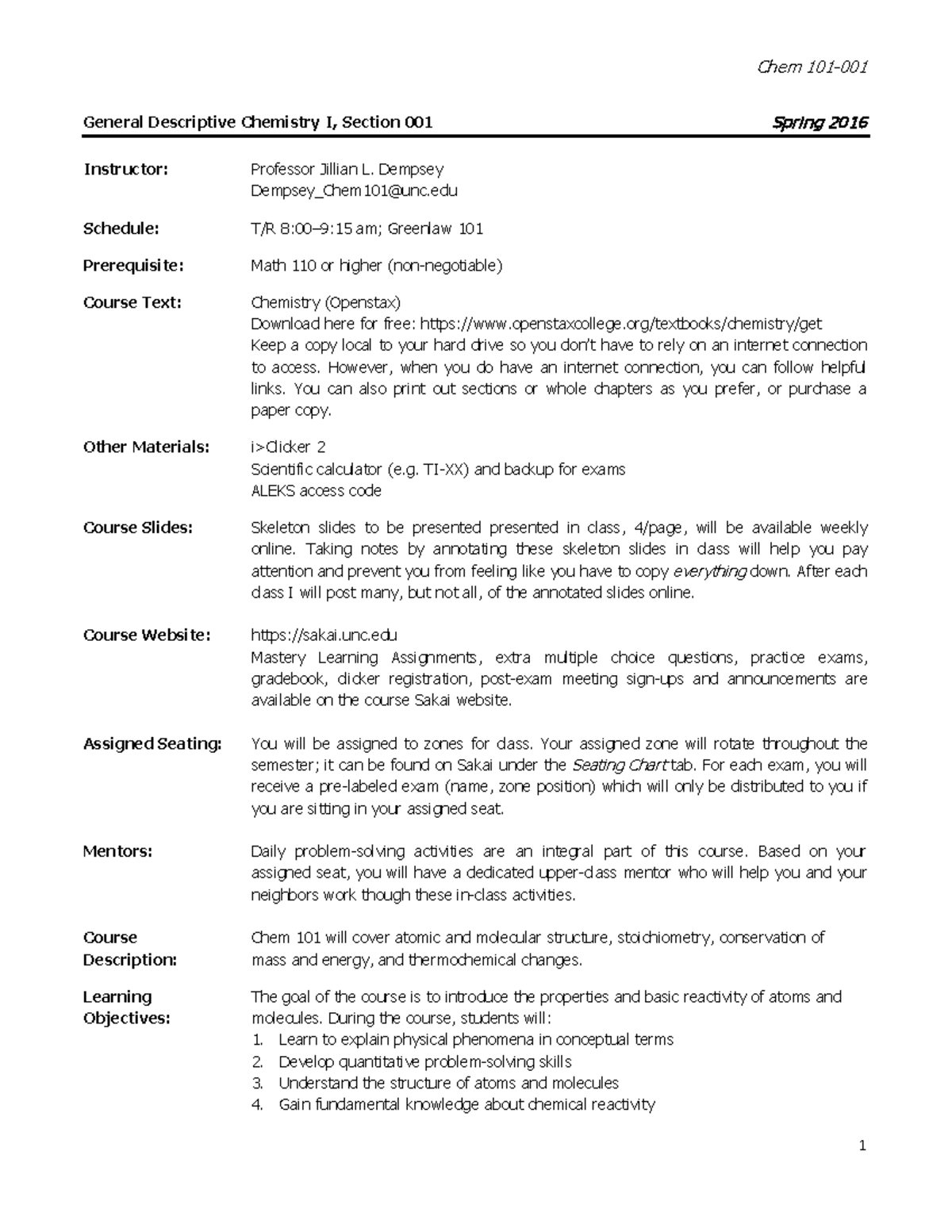 101 s16 dempsey - 101 - General Descriptive Chemistry I, Section 001 ...