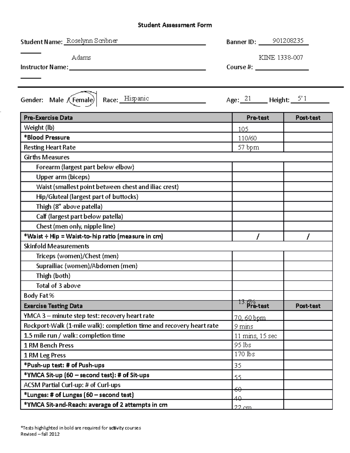 Concepts - Pretesting FORM - Student Assessment Form Student Name ...