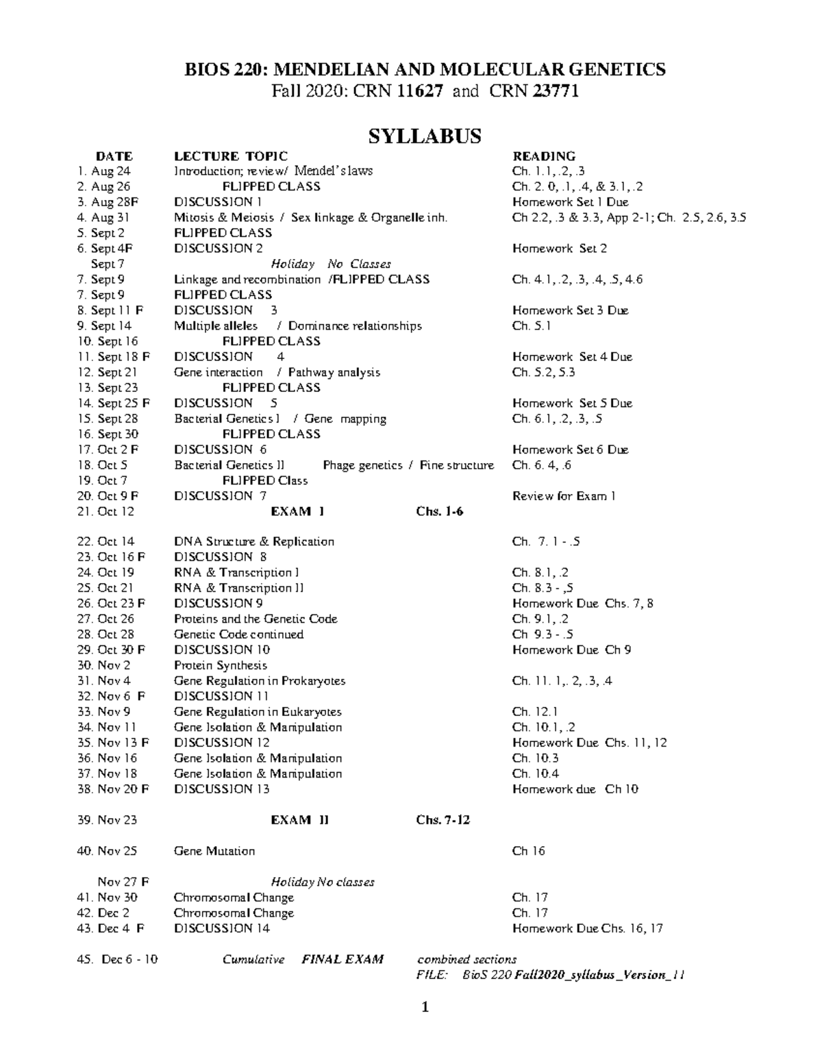 Bio S 220 Fall2020 syllabus Version 11 - BIOS 220: MENDELIAN AND ...
