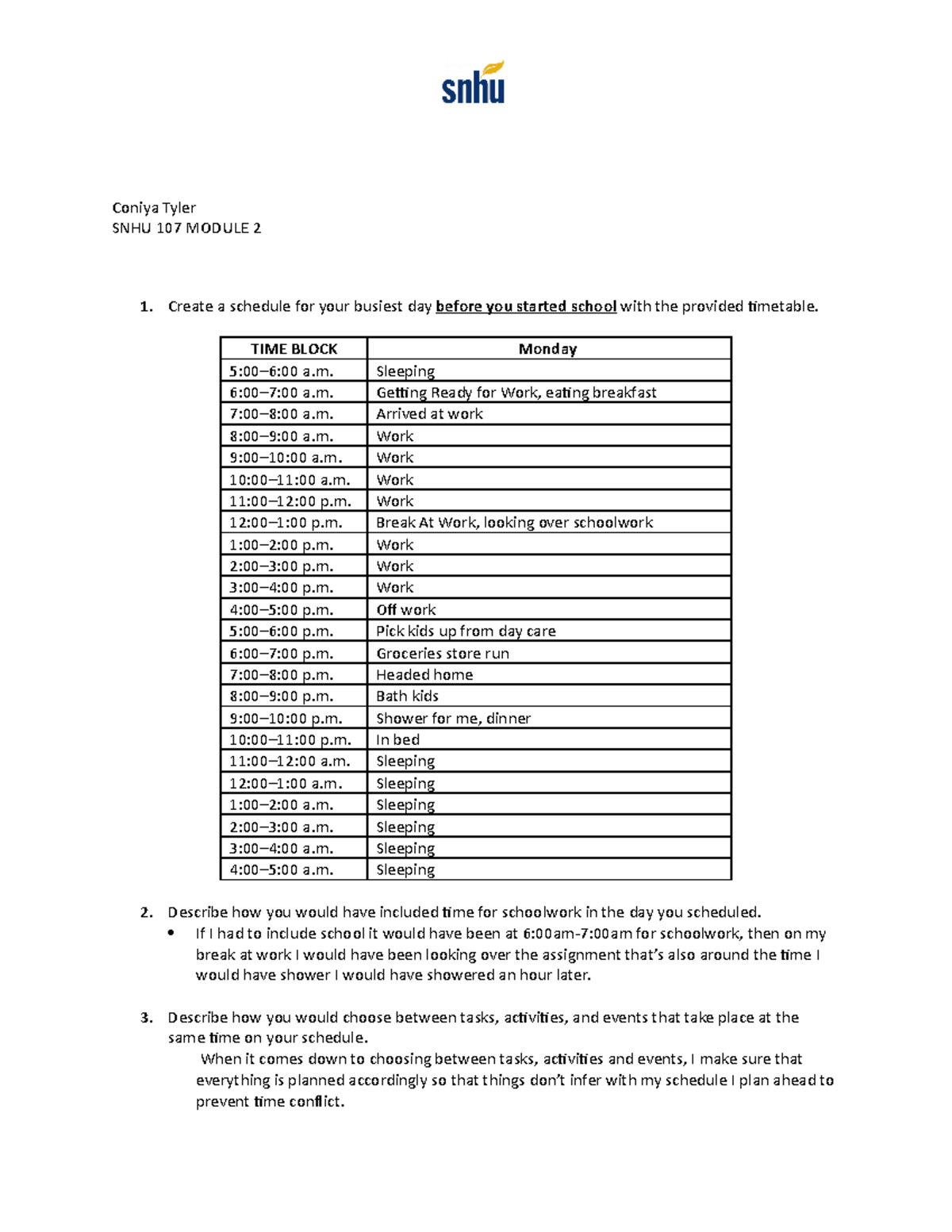 Snhu 107 Module Two Activity Template Coniya Tyler Snhu 107 Module 2 Create A Schedule For Snhu 107 Module Two Activity Template Coniya Tyler Snhu 107 Module 2 Create A Schedule For