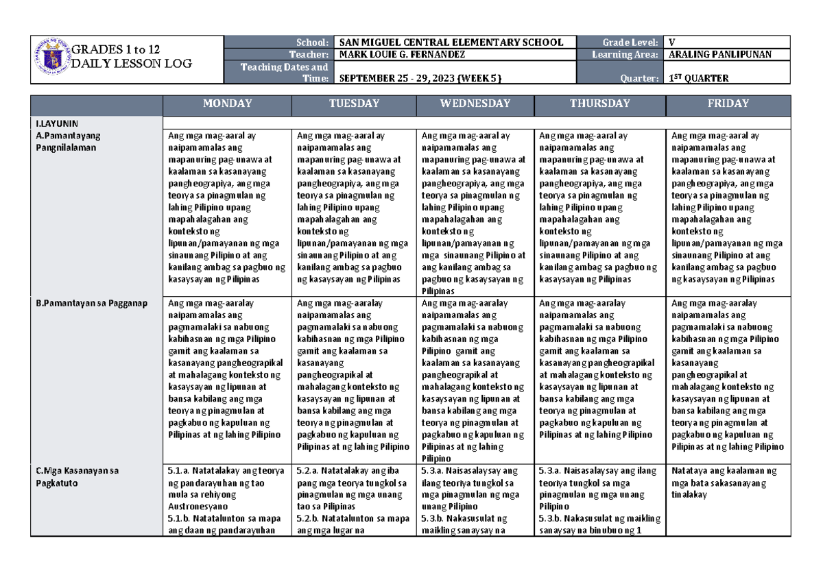 DLL Araling- Panlipunan-5 Q1 W5 - GRADES 1 To 12 DAILY LESSON LOG ...