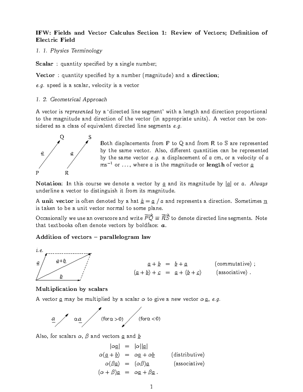 Lecture 1: Review Of Vectors; Definition Of Electric Field - Ifw 