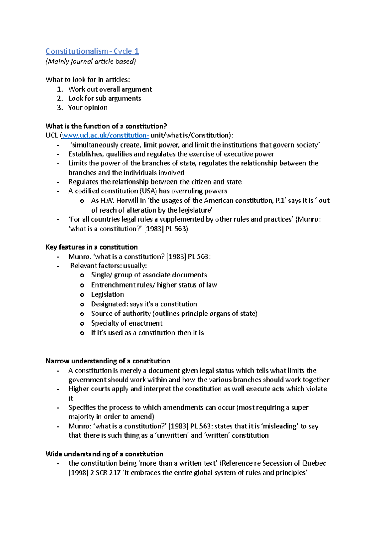 C&A Notes cycle 1 - Constitutionalism- Cycle 1 (Mainly journal article ...