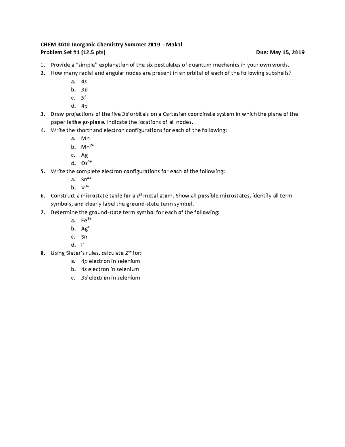 2019 Summer Inorg PS1 - homework set solution key - CHEM 3610 Inorganic ...