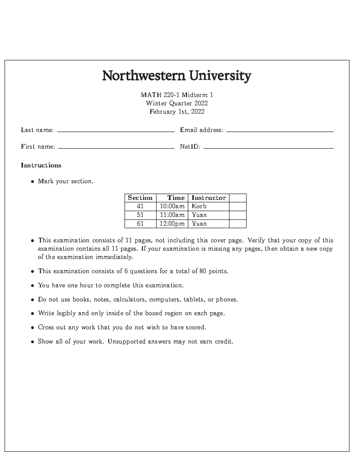 Practice Midterm 1 - MATH 220-1 Midterm 1 Winter Quarter 2022 February ...