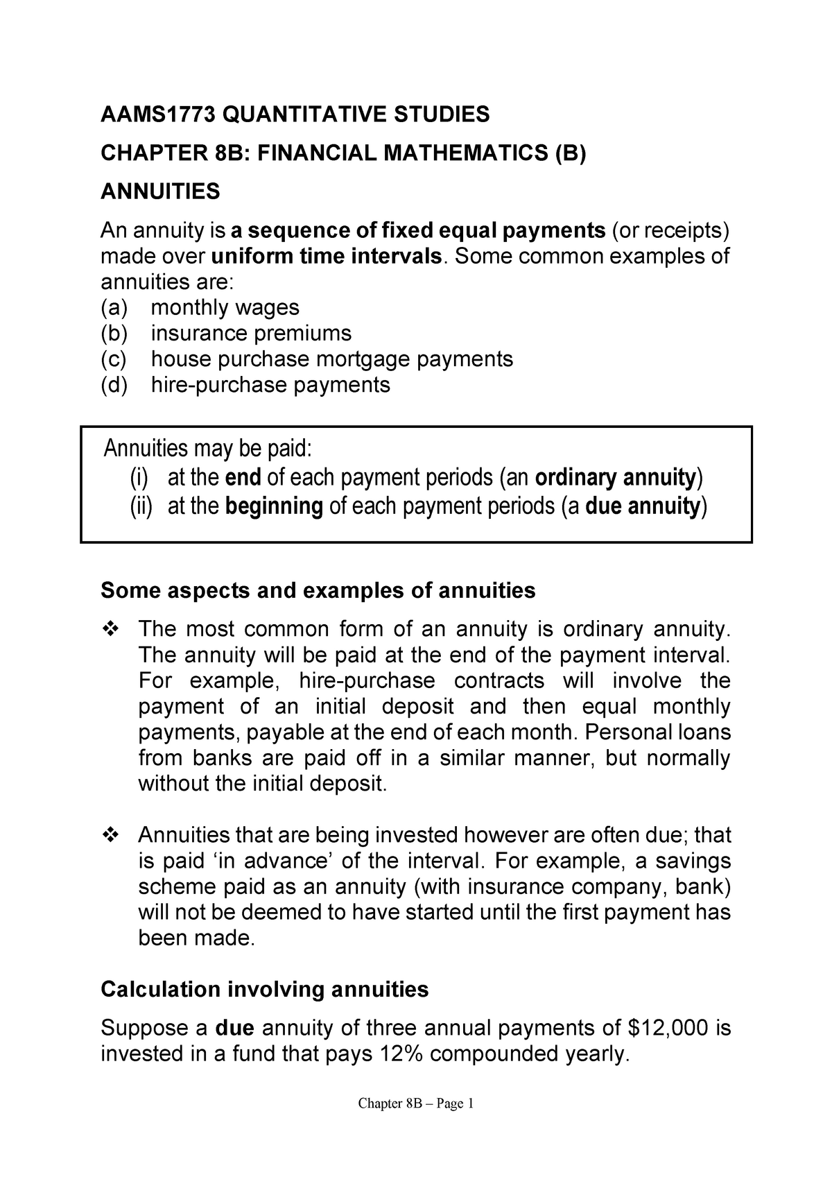 8B Financial Mathematics (B) - AAMS1773 QUANTITATIVE STUDIES CHAPTER 8B ...