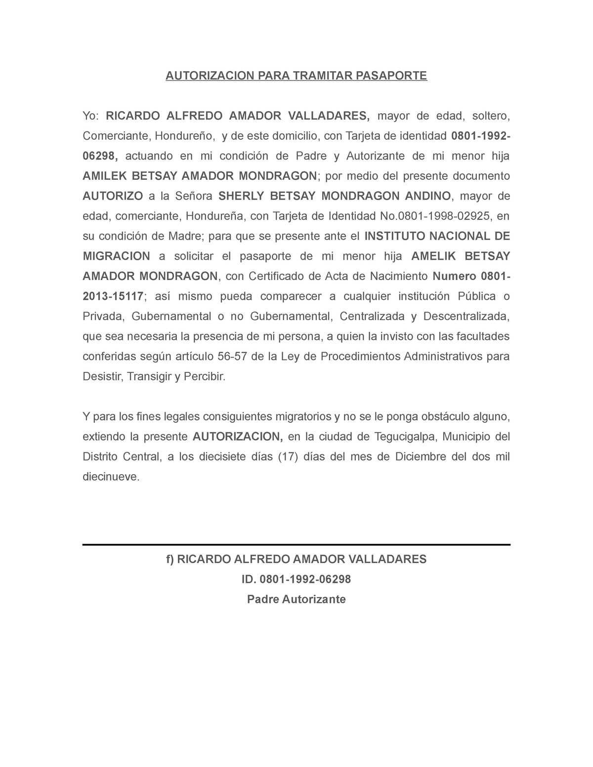 Autorizacion Para Tramitar Pasaporte Autorizacion Para Tramitar Pasaporte Yo Ricardo Alfredo 3780