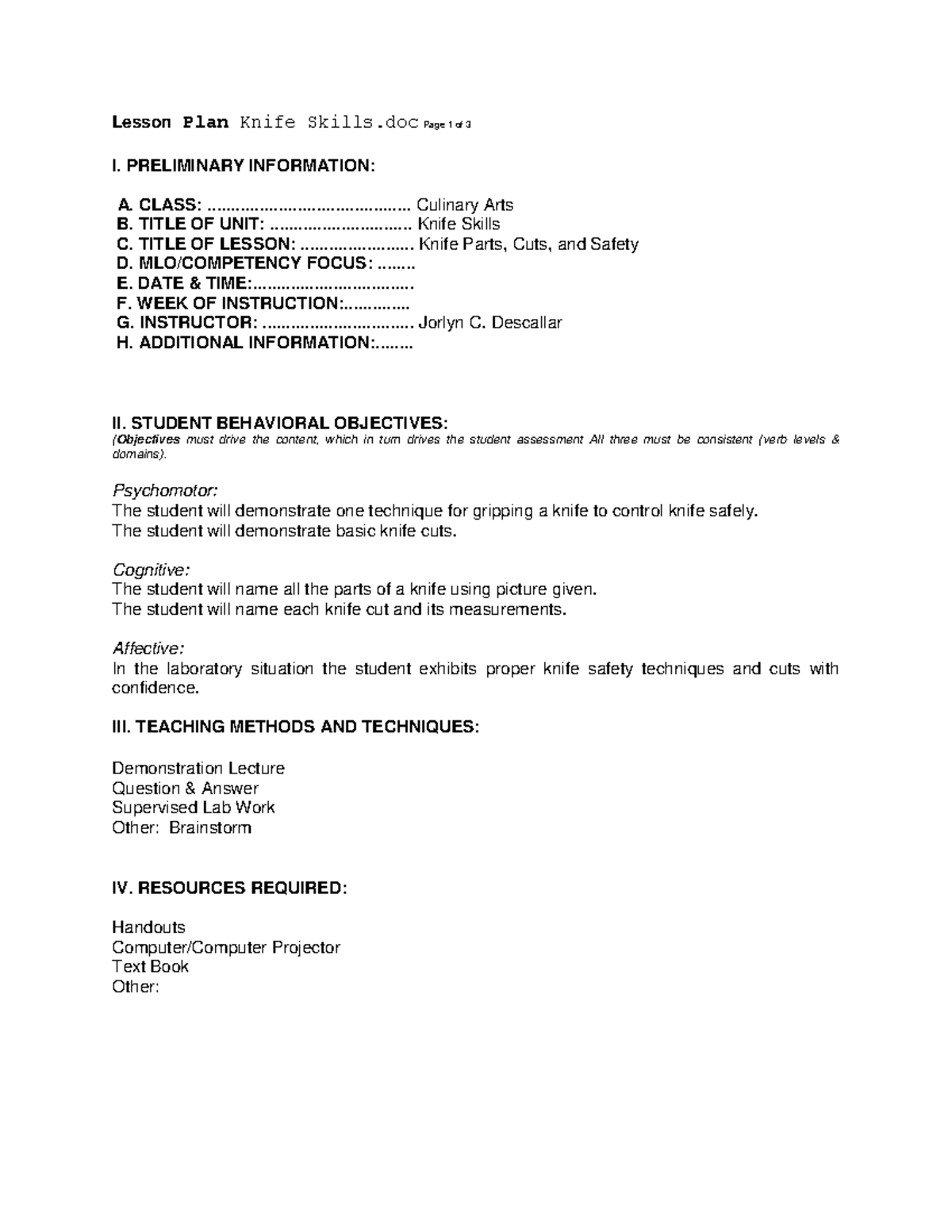 Scribd Parts of knife Lesson Plan Knife Skills Page 1 of 3 I