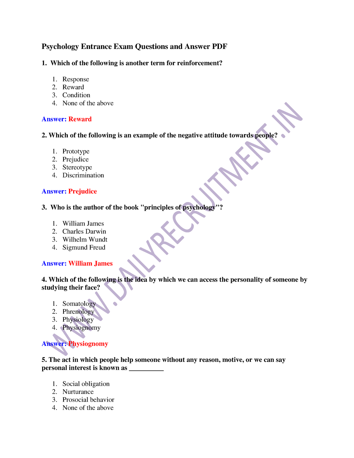 phd entrance exam question papers for psychology