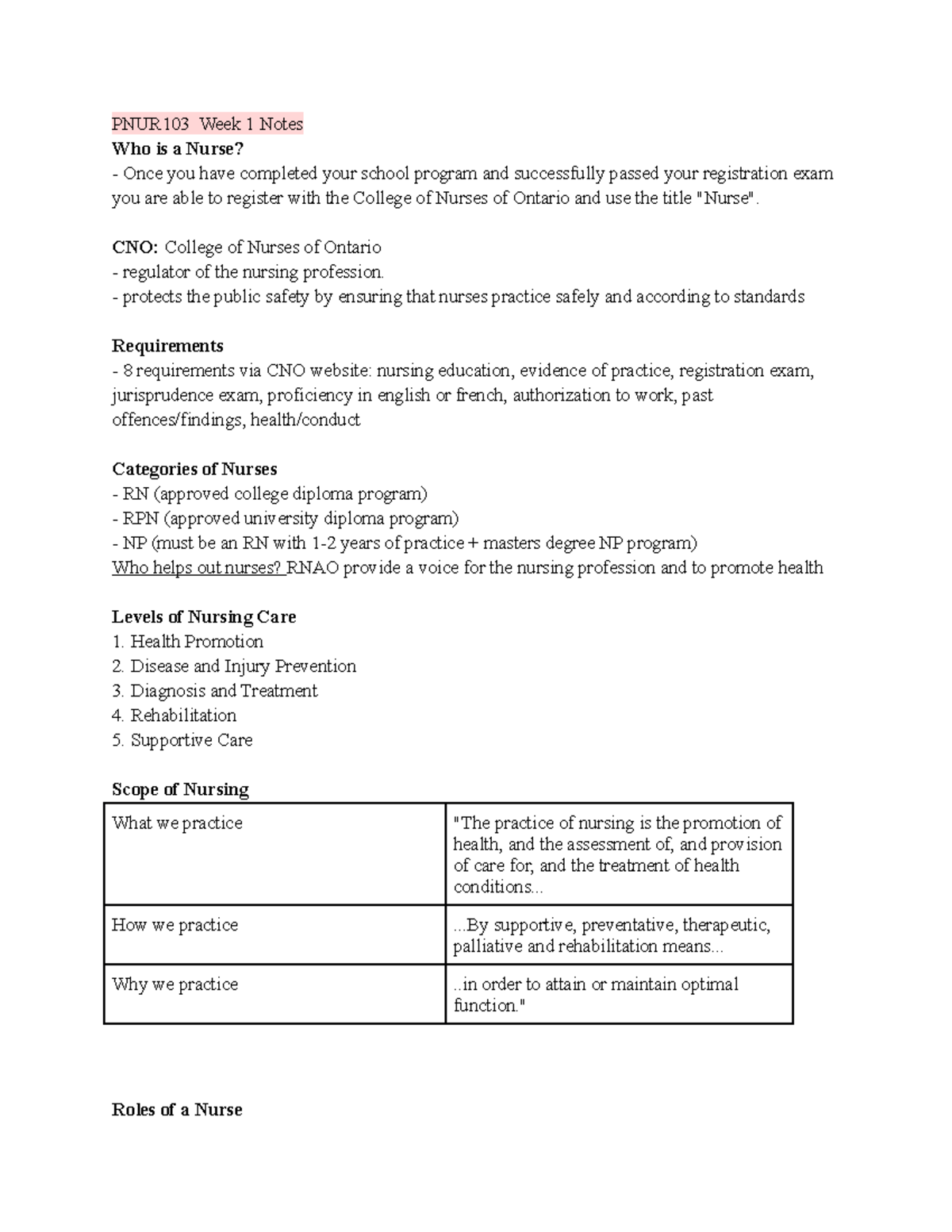 Week 1 Notes - Intro To Nursing And CNO - PNUR103 Week 1 Notes Who Is A ...