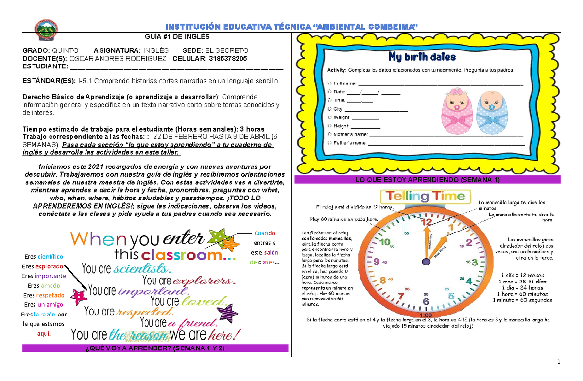 GUÍA 1 Inglés Quinto GUÍA 1 DE INGLÉS GRADO QUINTO ASIGNATURA
