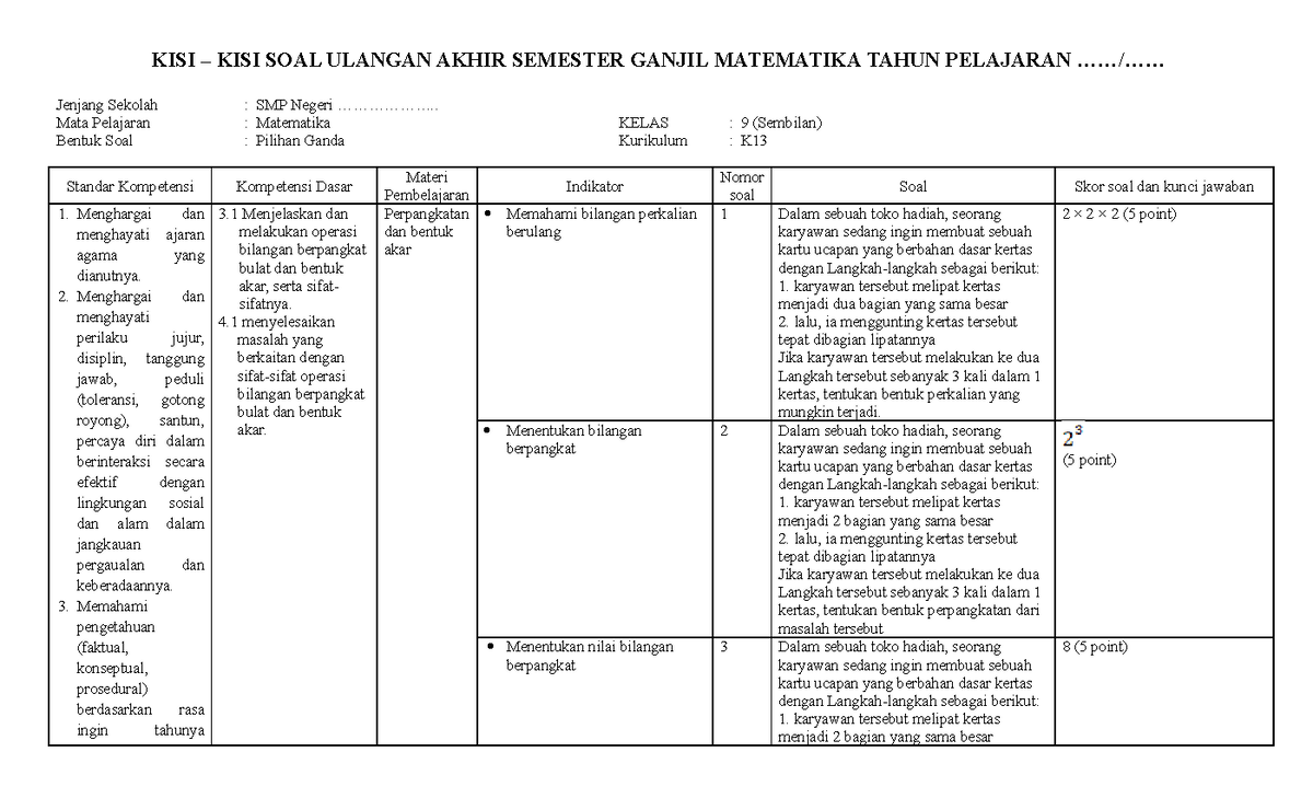 Contoh Format KISI- KISI PAS Ganjil 9 - KISI – KISI SOAL ULANGAN AKHIR ...