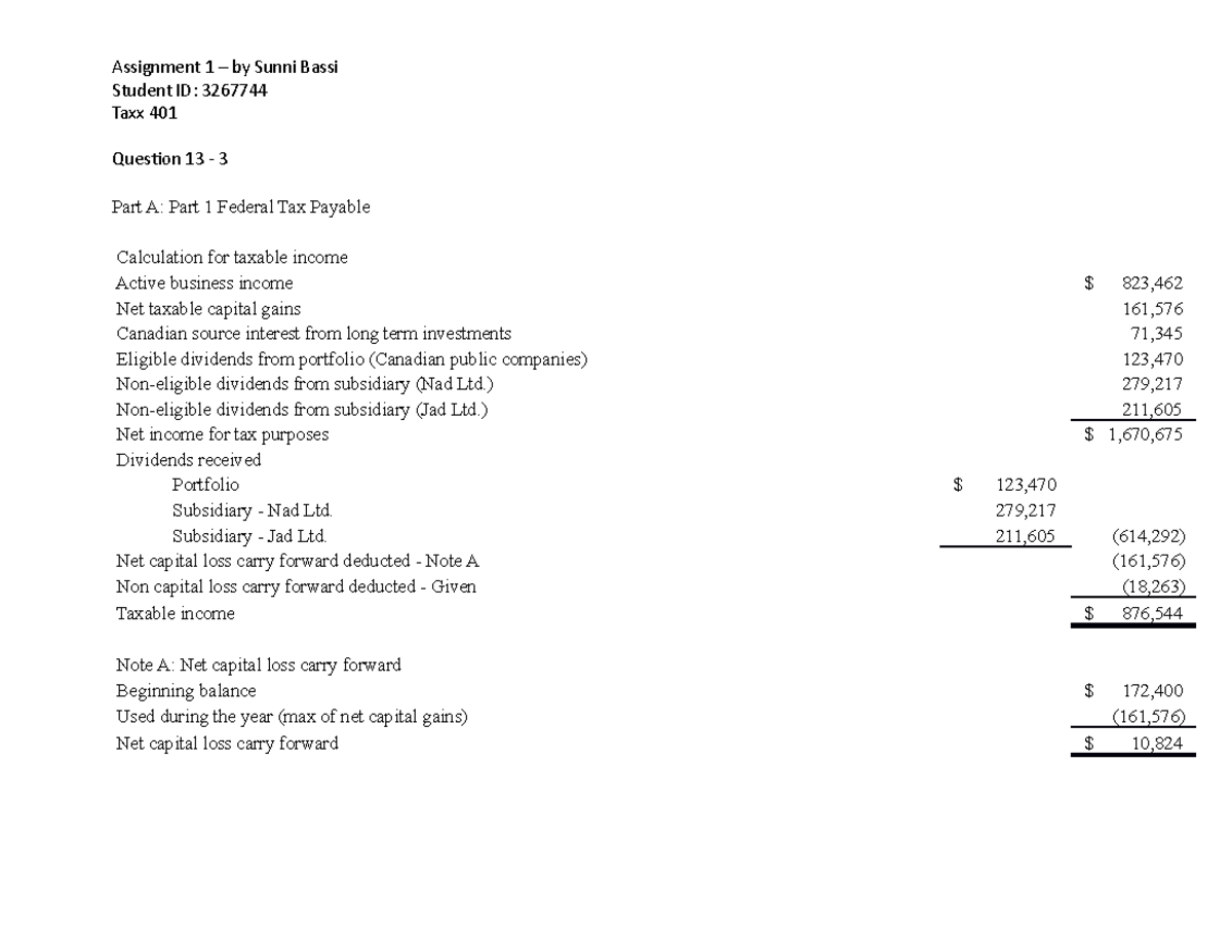 Taxx401-assing 1 - question 13 - Student ID: 3267744 Taxx 401 Quesion ...