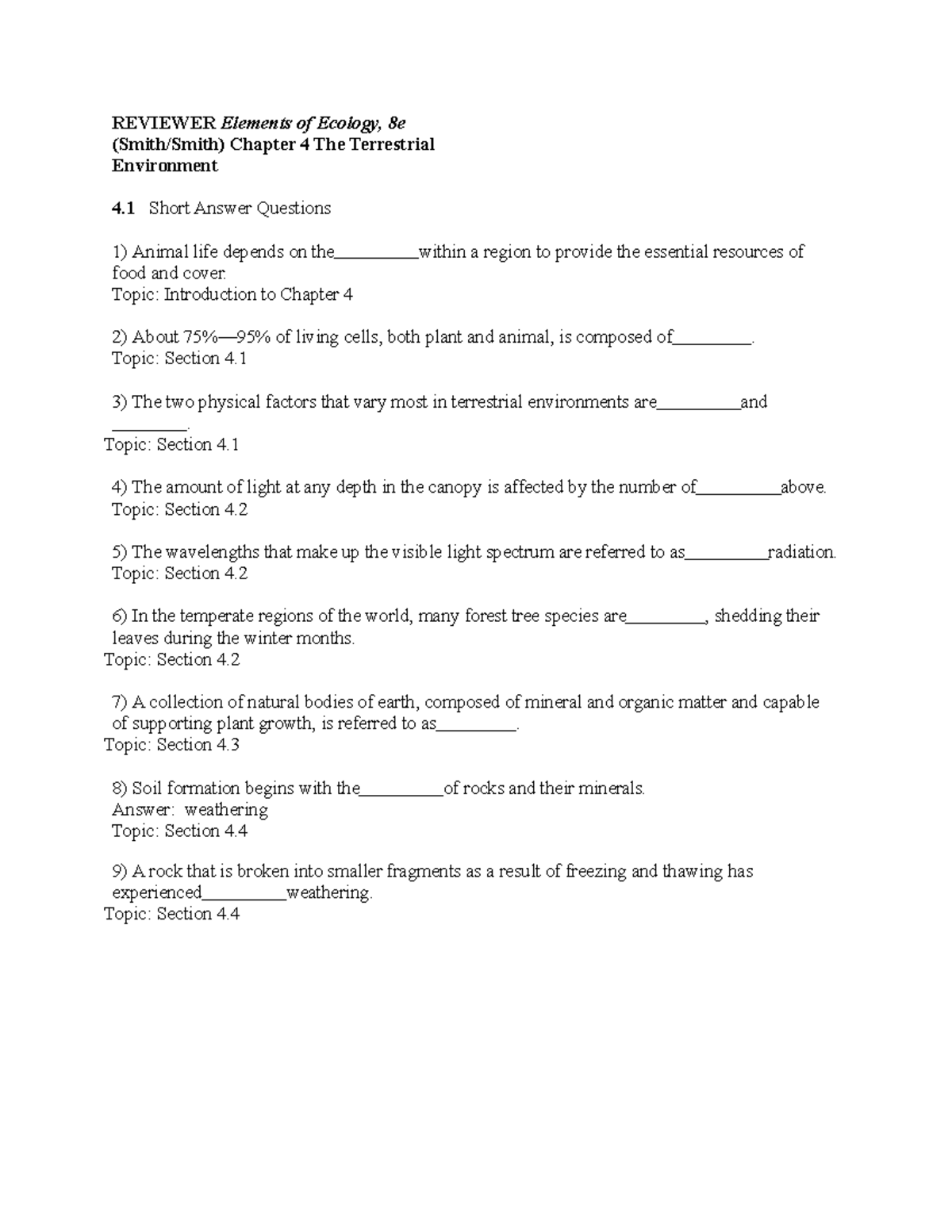 Elements of Ecology Practice Questions Chapter 4 - REVIEWER Elements of ...