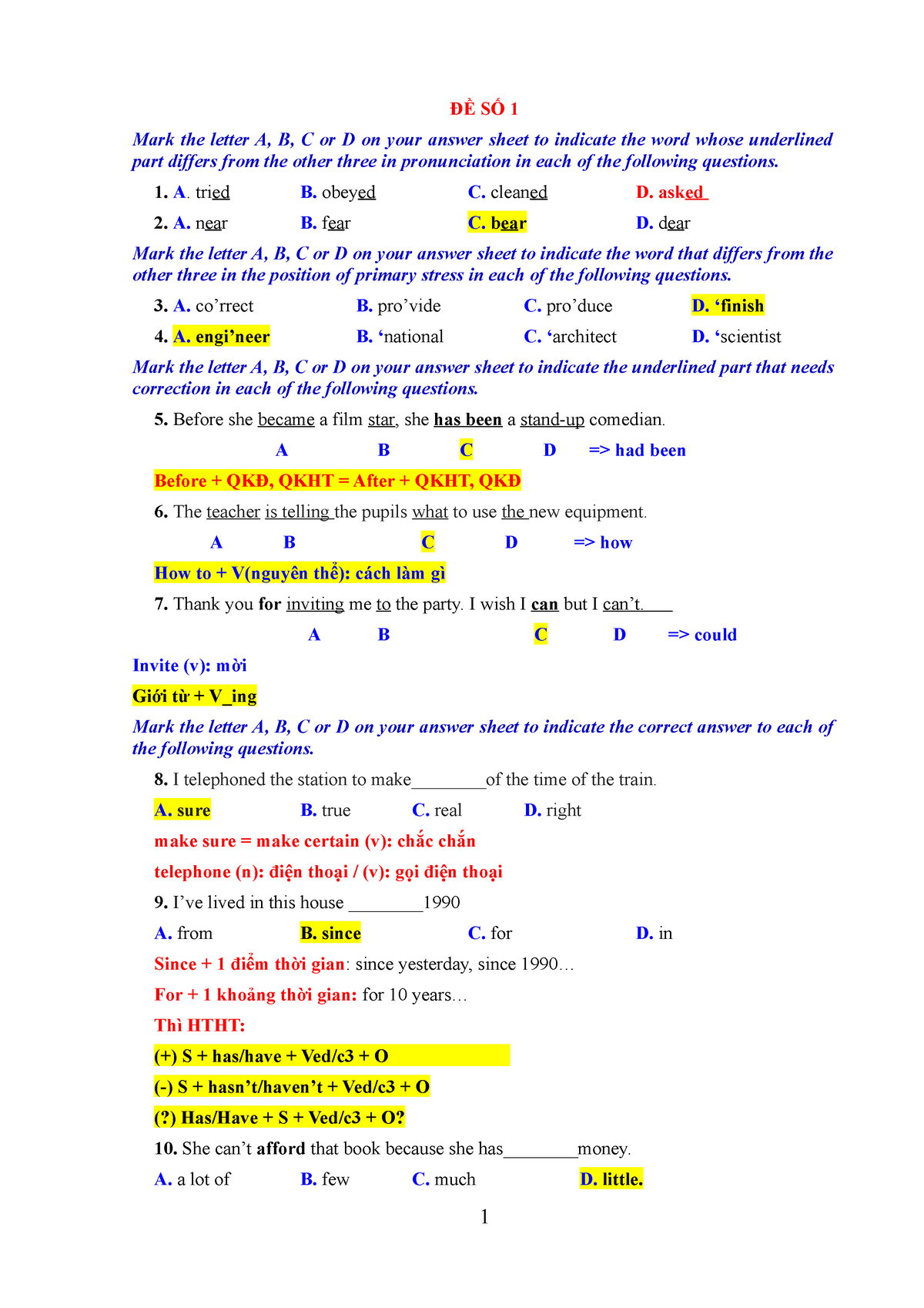 Đề Số 1 - Review - ĐỀ SỐ 1 Mark The Letter A, B, C Or D On Your Answer ...