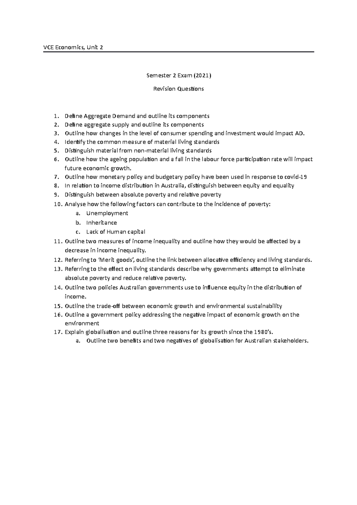 2021 Unit 2 Economics Exam Revision Questions (002) - VCE Economics ...