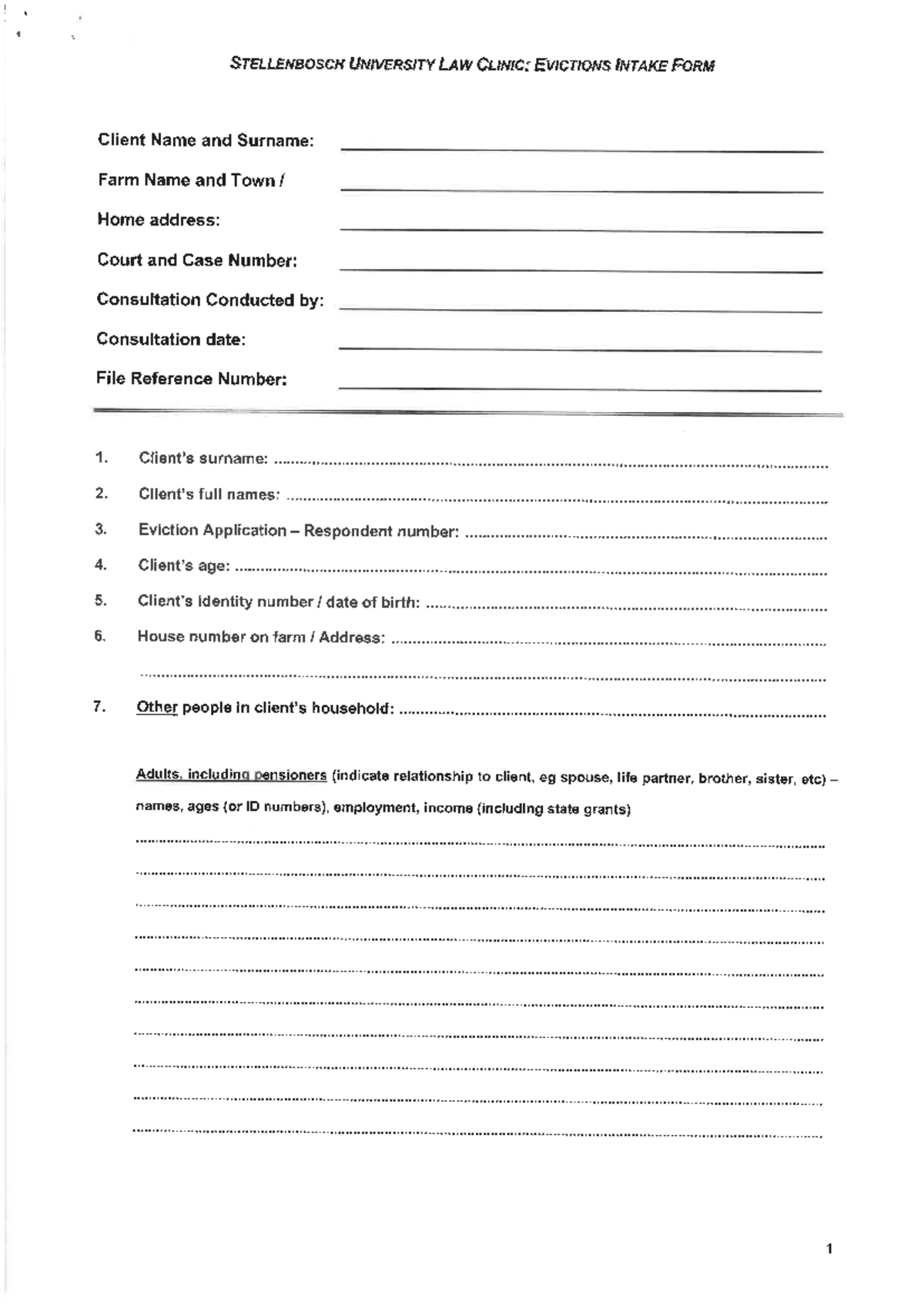 Evictions intake form - STELLENBOSCH UNIVERSITY LAW CLINIC: EVICTIONS ...