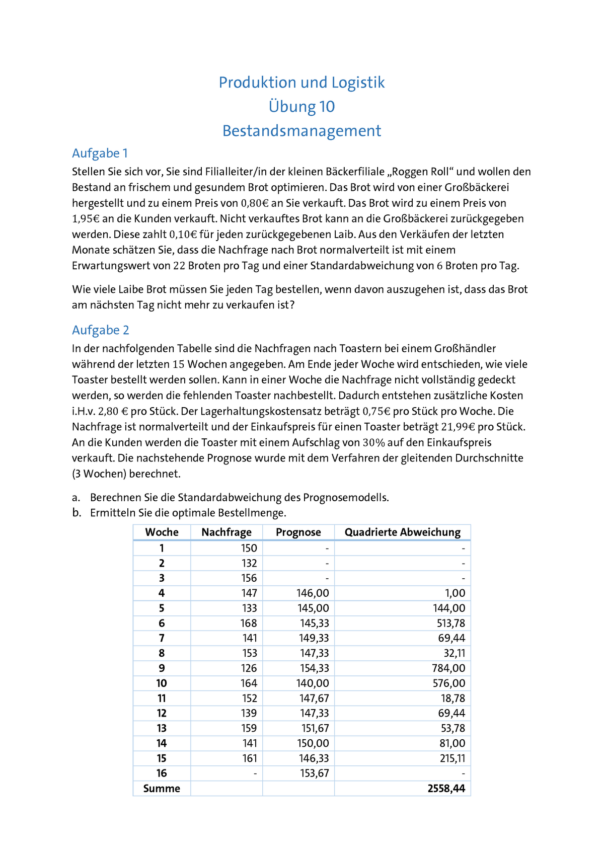 Produktion Und Logistik Ubung 10 Aufgabenblatt - Produktion Und ...