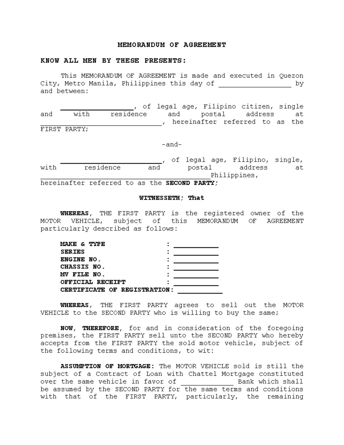 Notarized Deed Of Sale With Assumption Of Car Mortgage