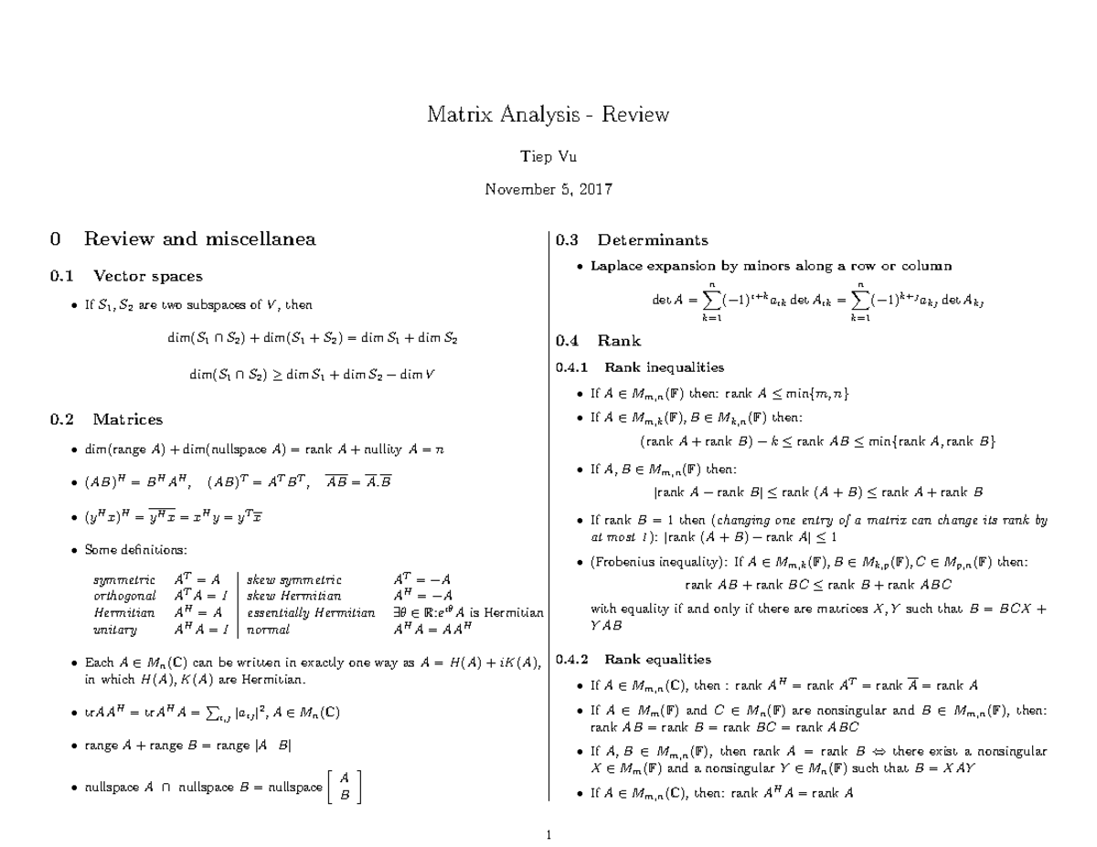 Matrix Analysis Review Matrix Analysis Review Tiep Vu November 5