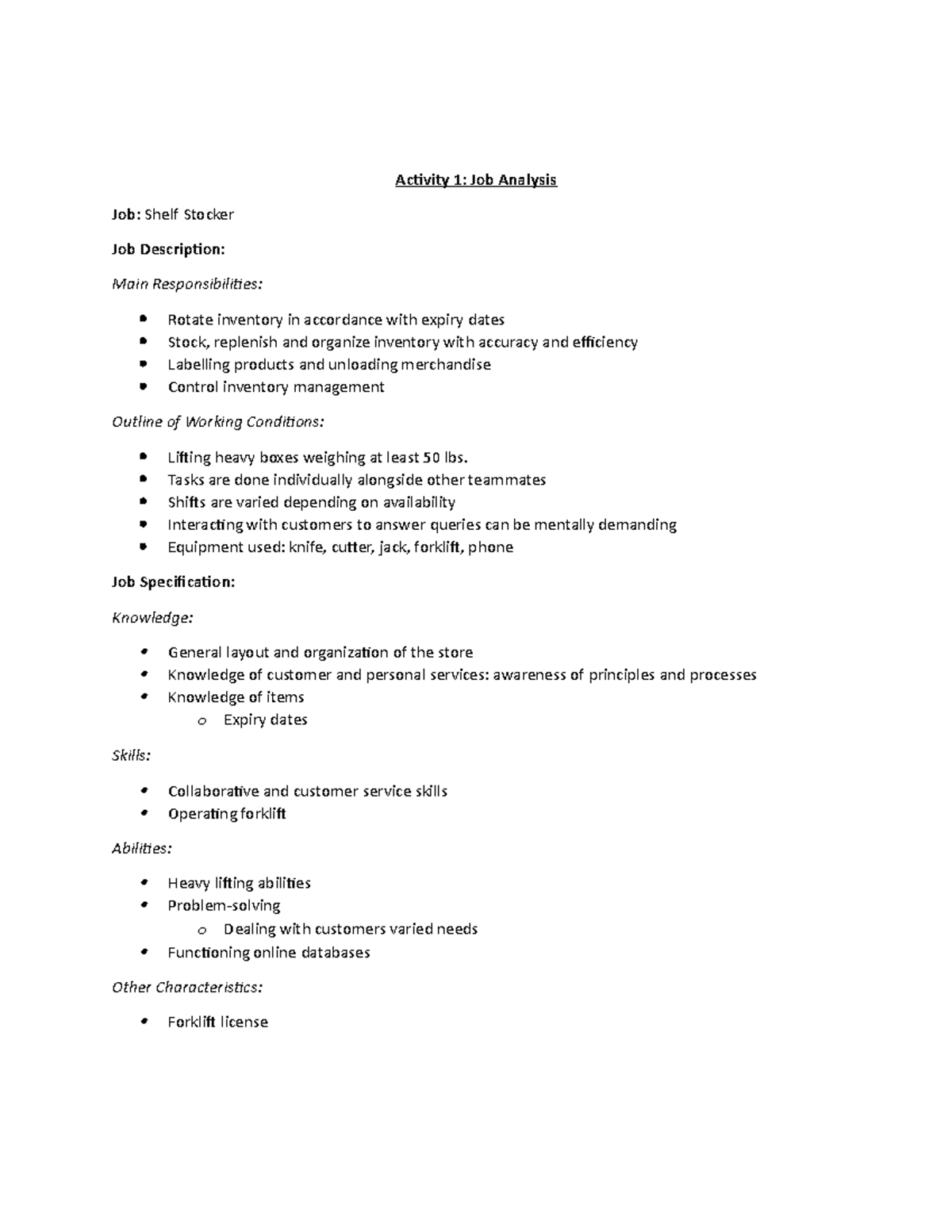 Unit 2 Class Activities Activity 1 Job Analysis Job Shelf Stocker