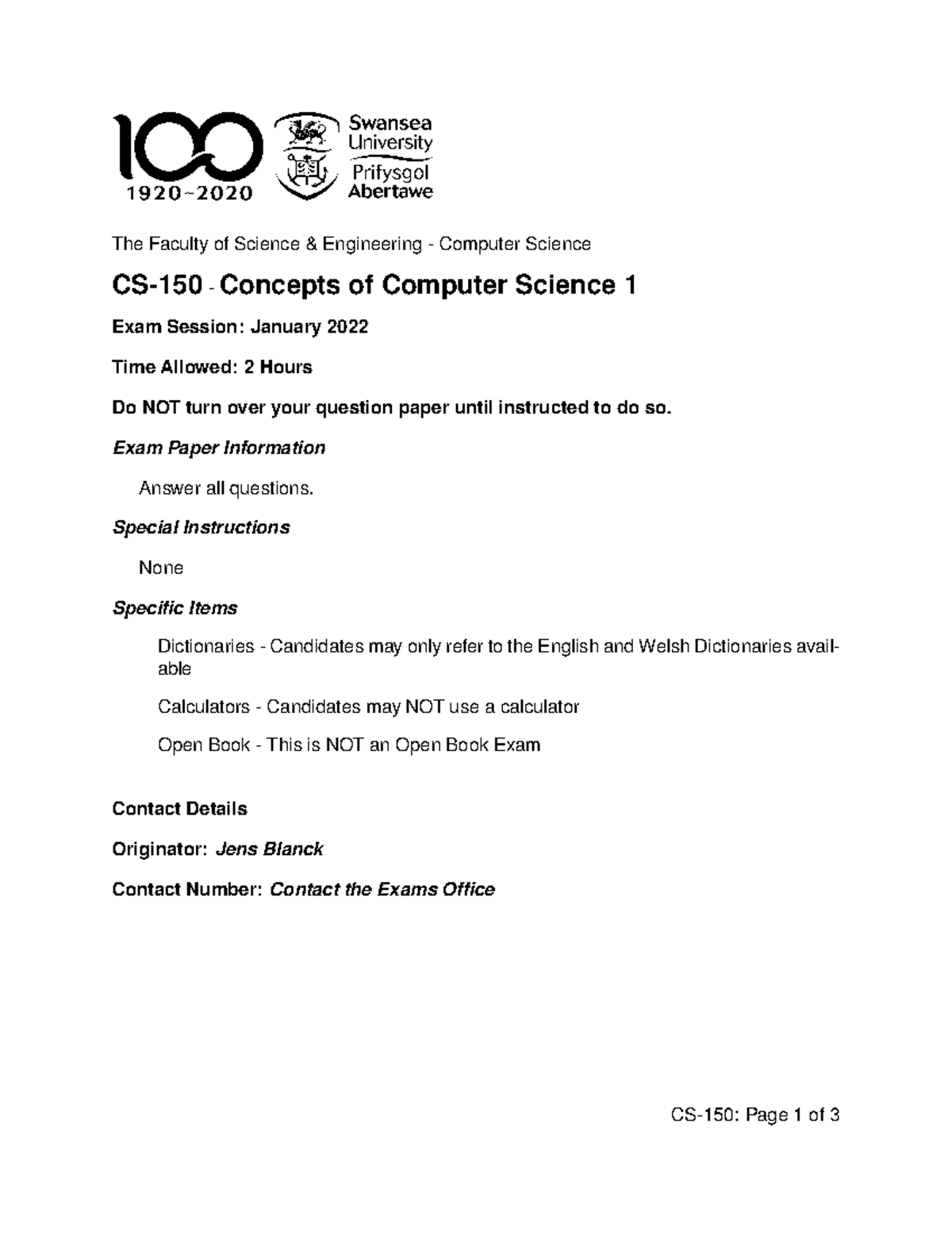 CS-150 2022 - The Faculty of Science & Engineering - Computer Science ...