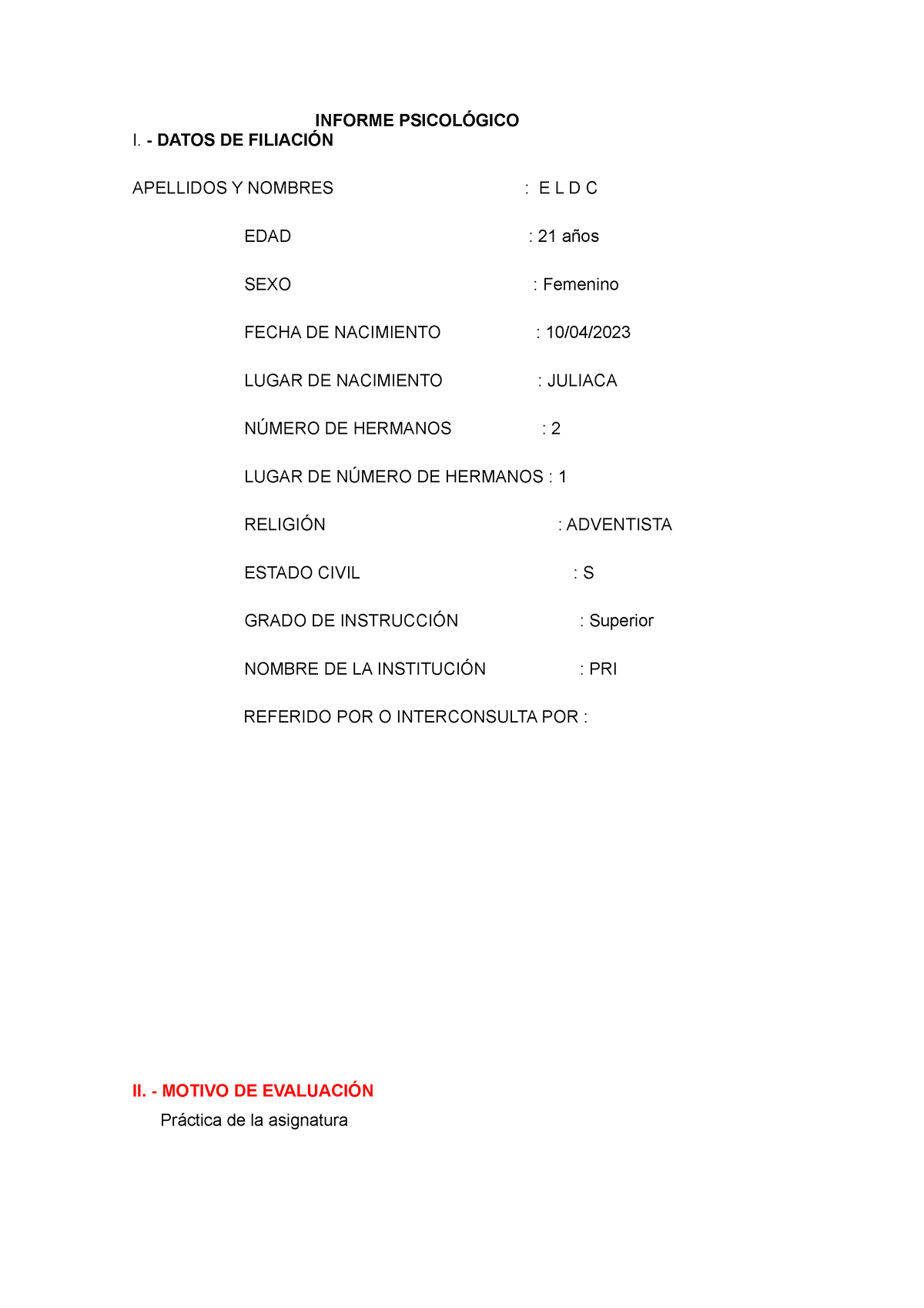 Informe Modelo 16PF Final - I. - DATOS DE FILIACIÓNINFORME PSICOLÓGICO ...