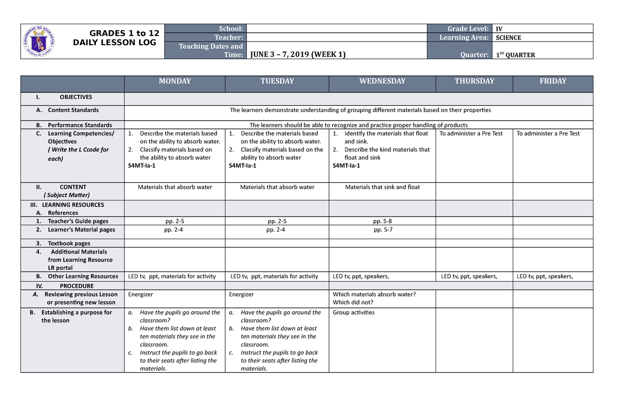 DLL Science 4 Q1 W1 - Detailed Lesson Plan - GRADES 1 to 12 DAILY ...